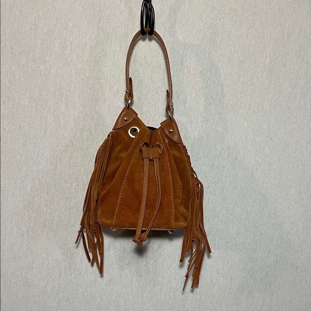 Anna Paola, brown Suede genuine leather, Fringe Bucket hand/ crossbody Bag.